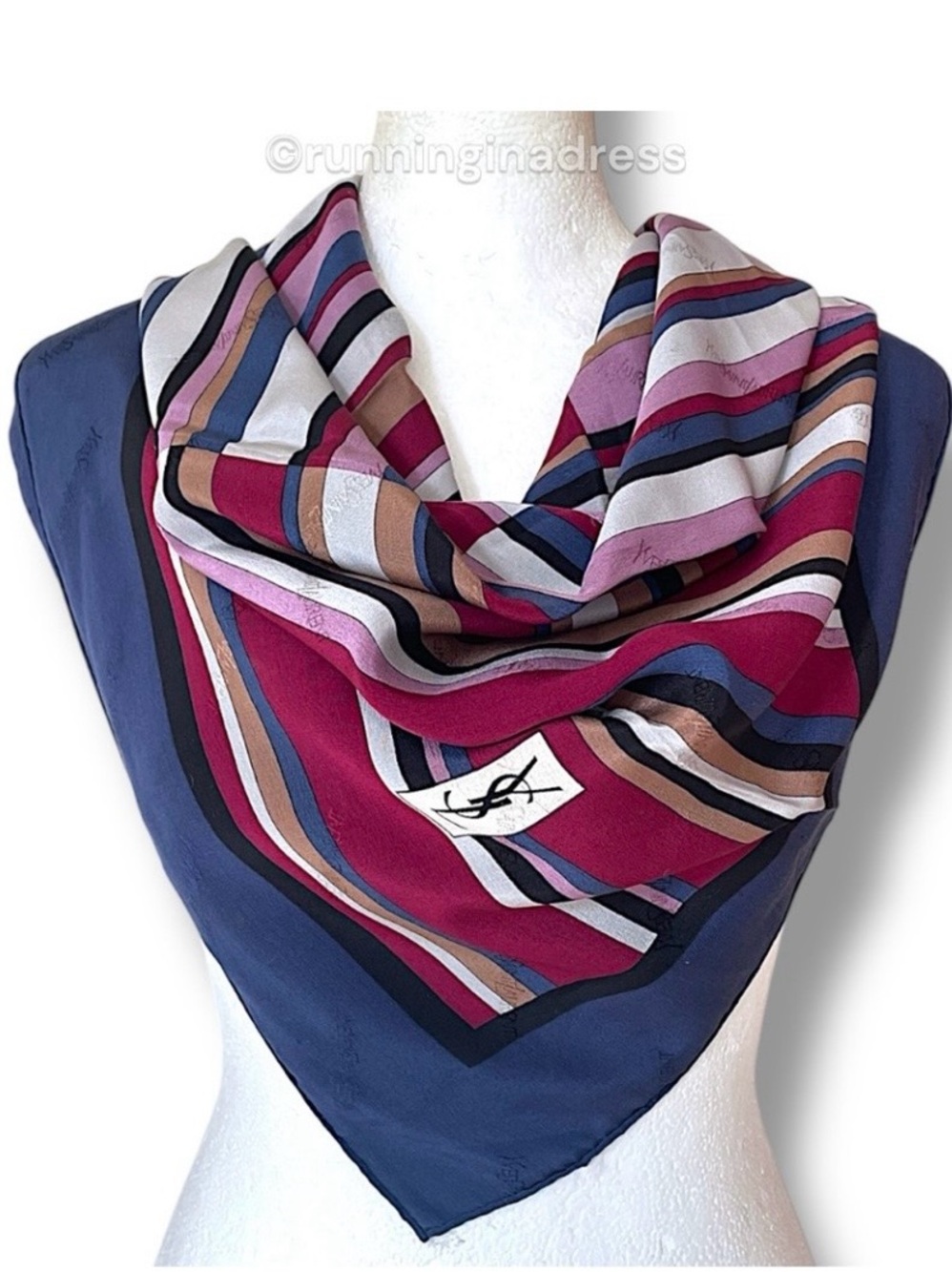 Vintage Yves Saint Laurent Silk Scarf YSL Monogram Stripe Square Shawl Logo Blue